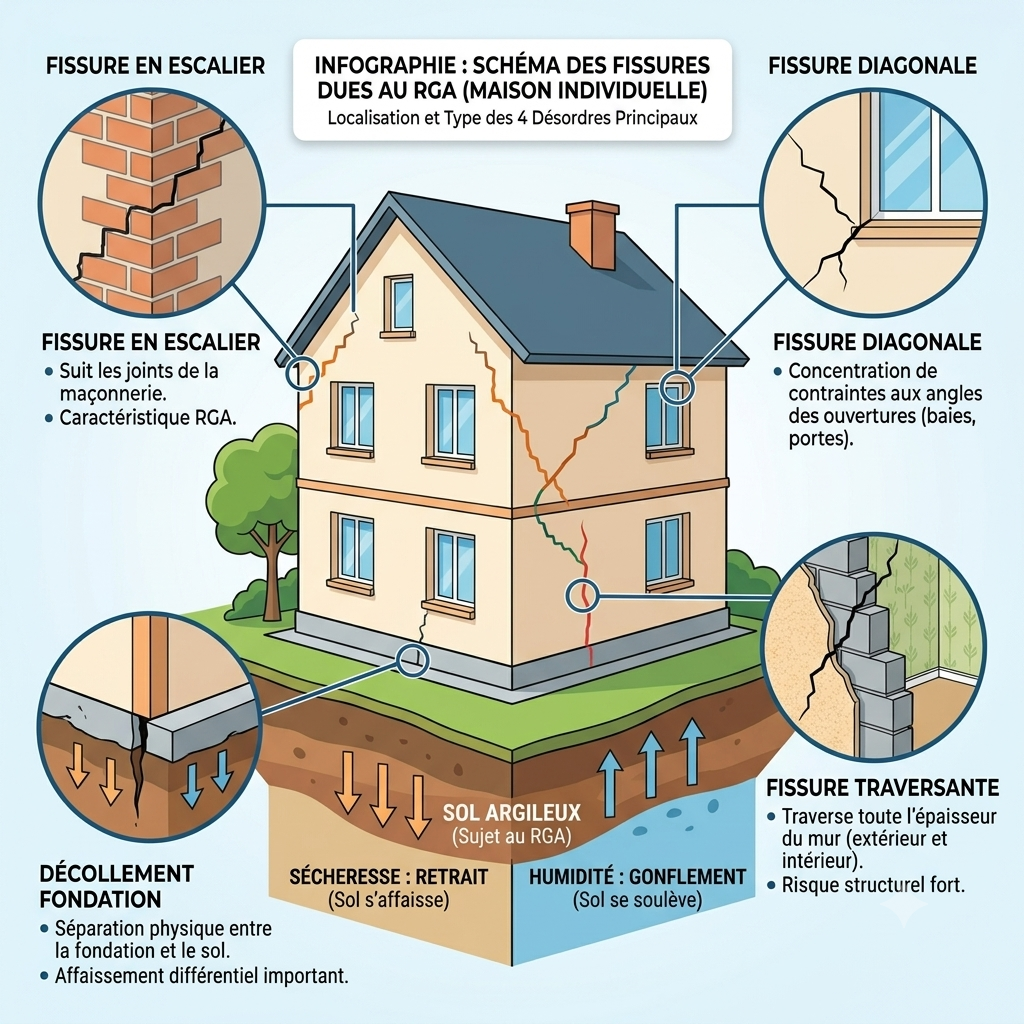 Schéma des types de fissures RGA caractéristiques sur une maison individuelle